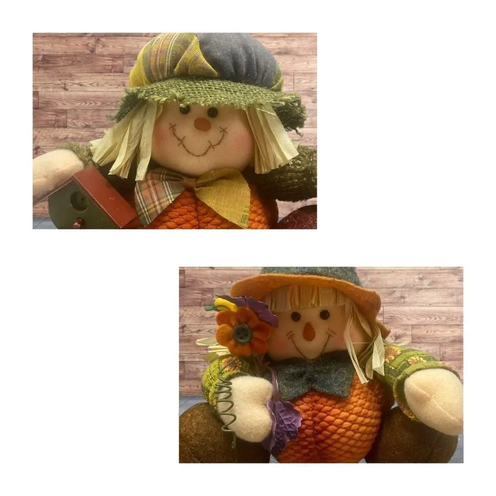 Fall Harvest Scarecrow Plush Doll Pair Autumn Decor Rustic Farmhouse Thanksgivin